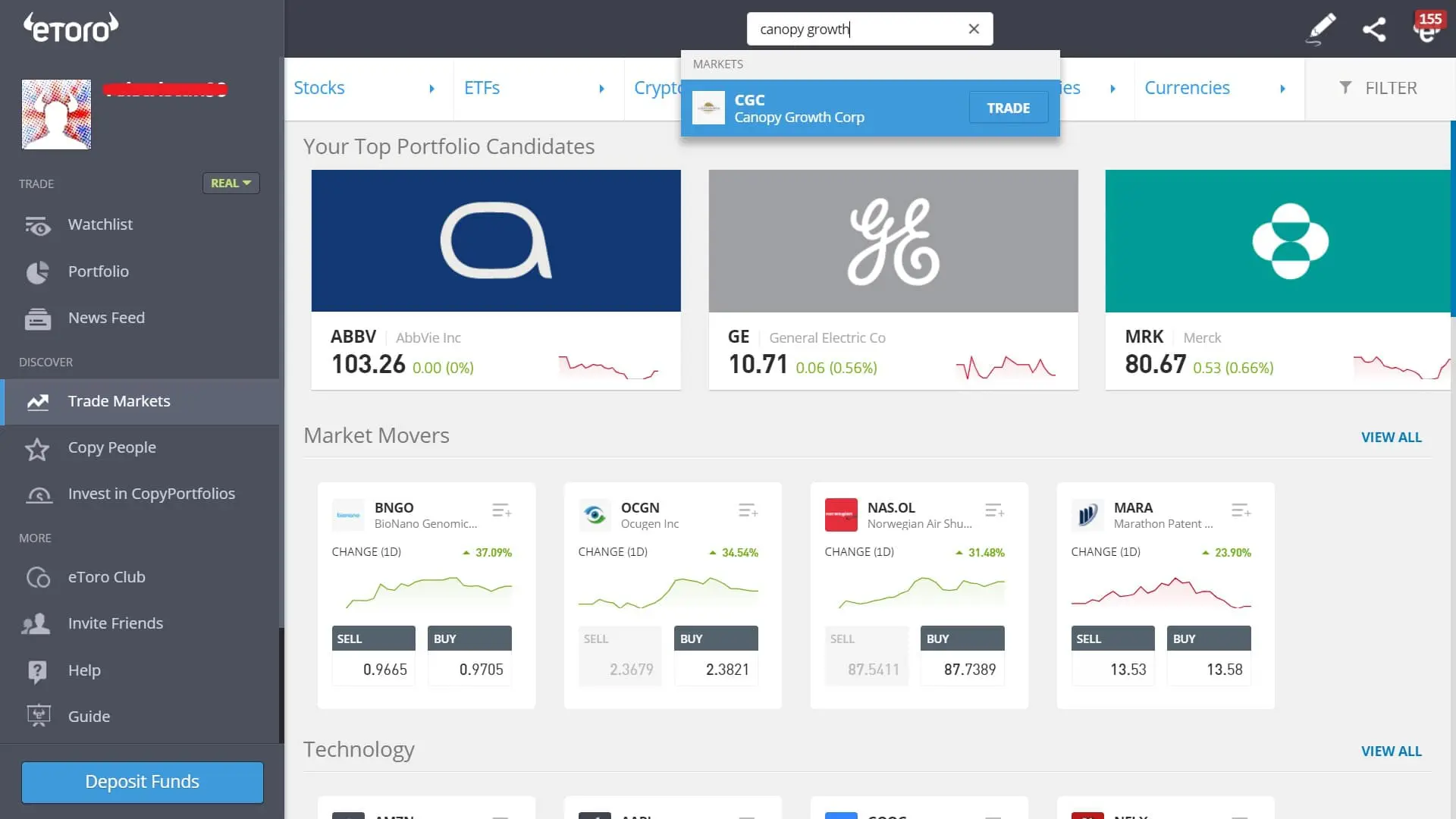 Searching for Canopy Growth stock on eToro's platform