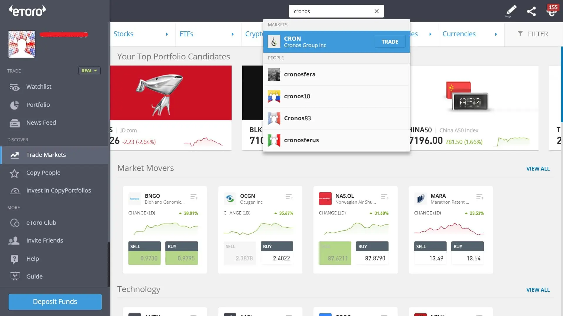 Searching for Cronos stock on eToro's platform
