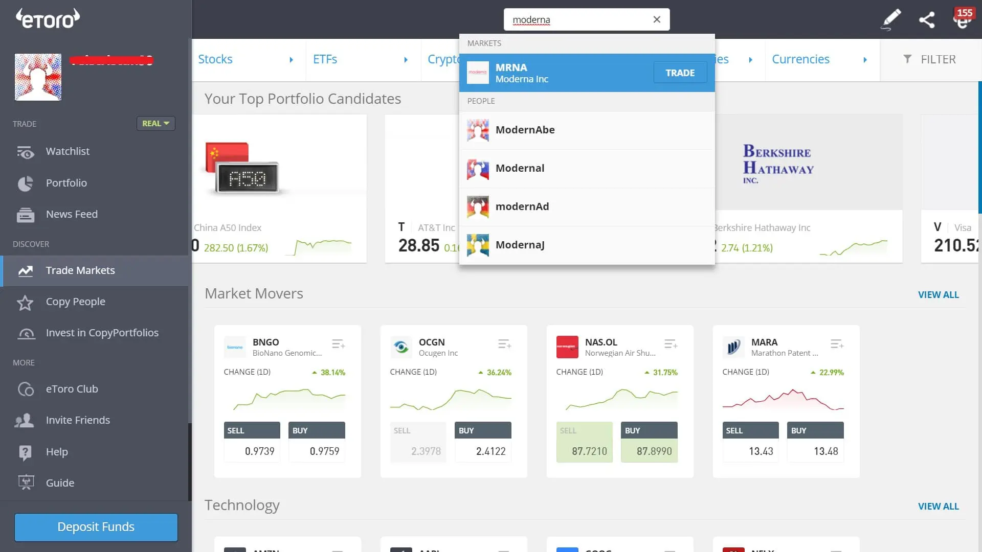 Searching for Moderna stock on eToro's platform