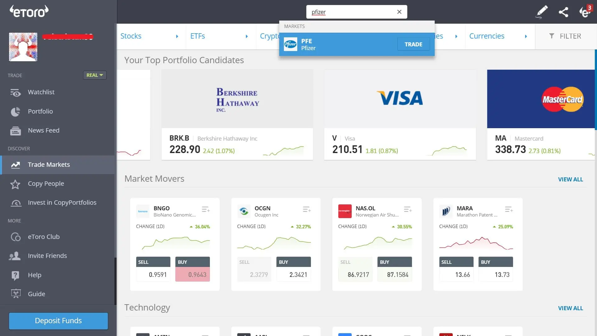 Searching for Pfizer stock on eToro's platform