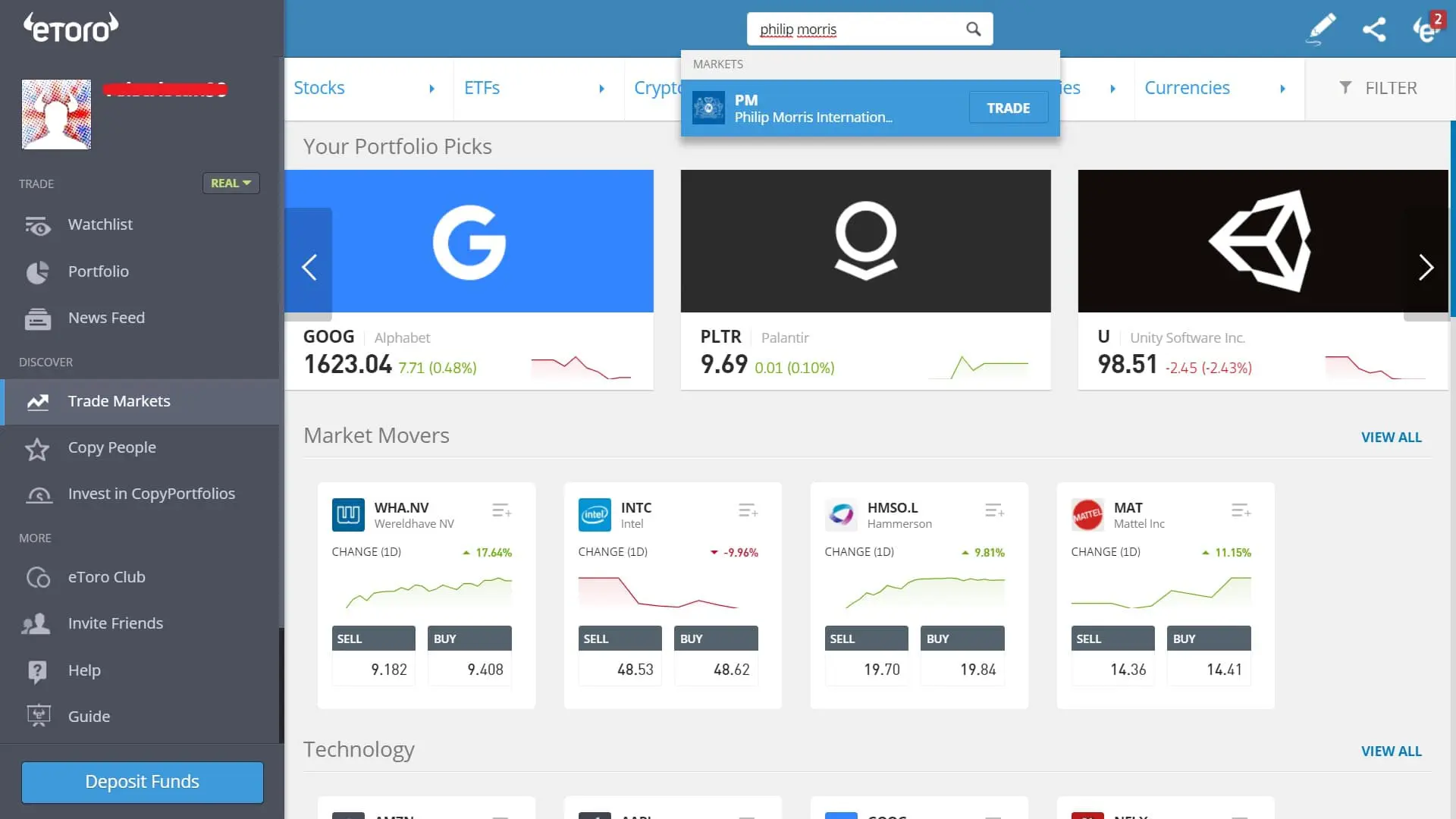Searching for Philip Morris stock on eToro's platform