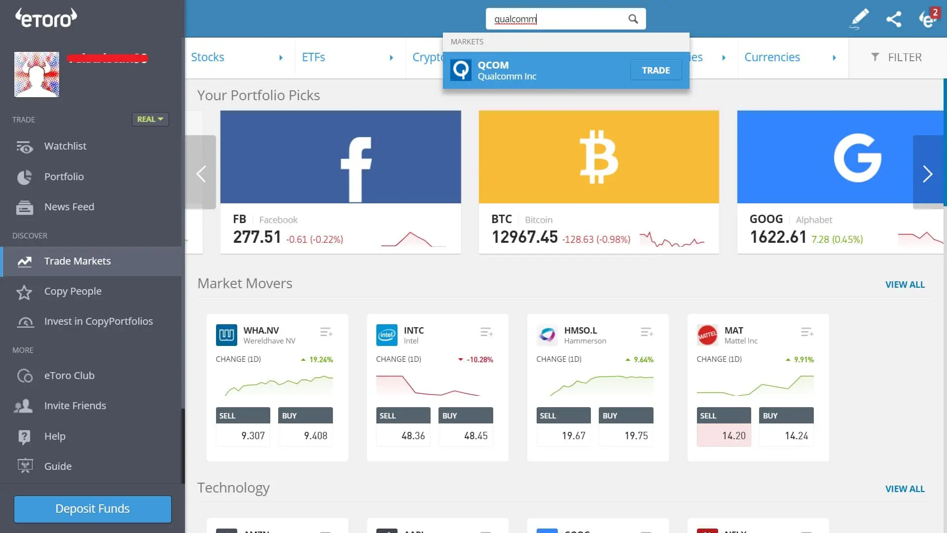 Searching for Qualcomm stock on eToro's platform