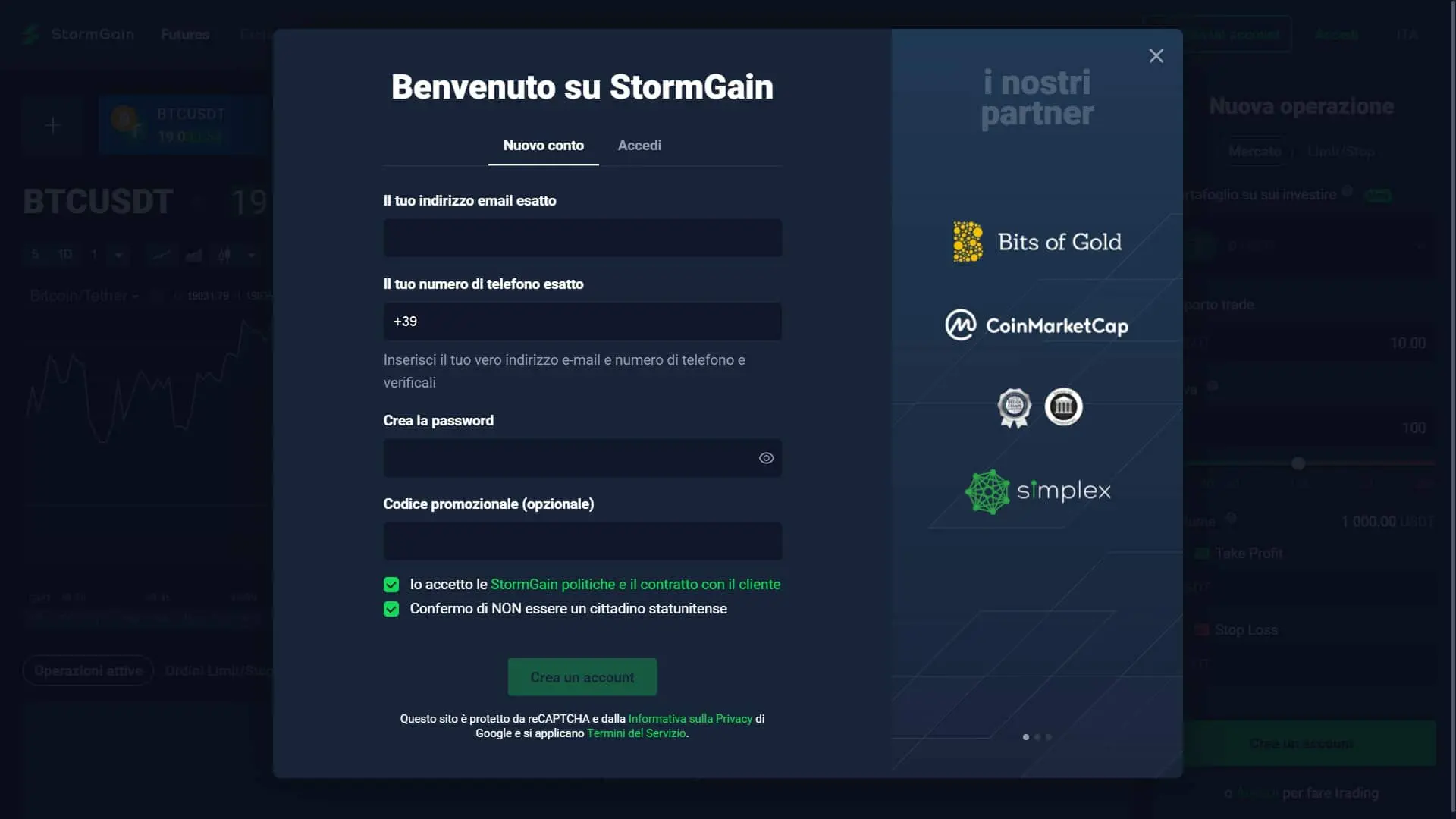 Pagina di registrazione di StormGain