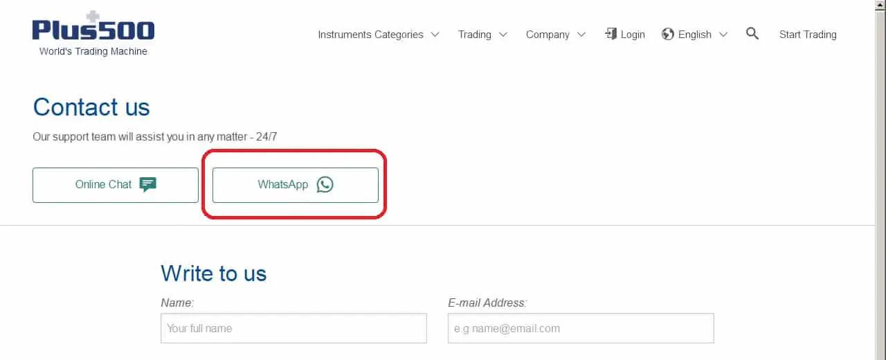 Where to access WhatsApp on Plus500 website