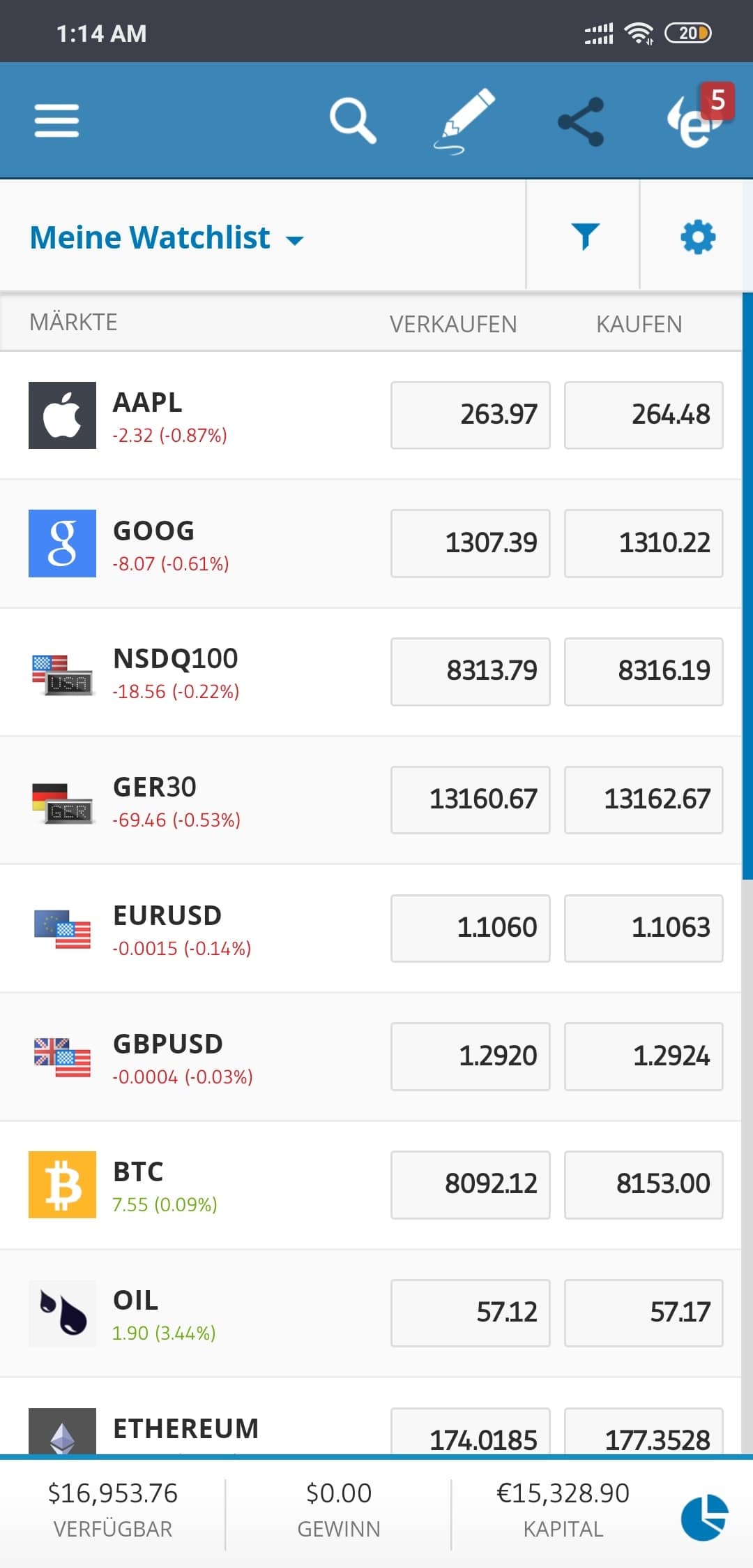 eToro Android mobile app
