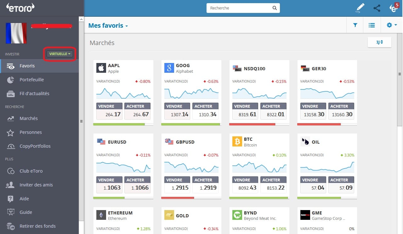 Compte démo eToro