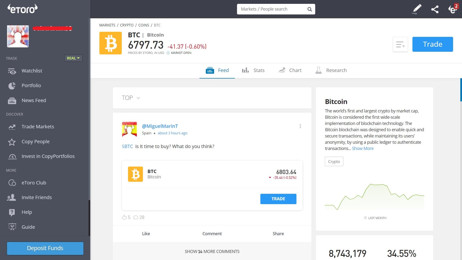 Bitcoin trading on eToro's platform