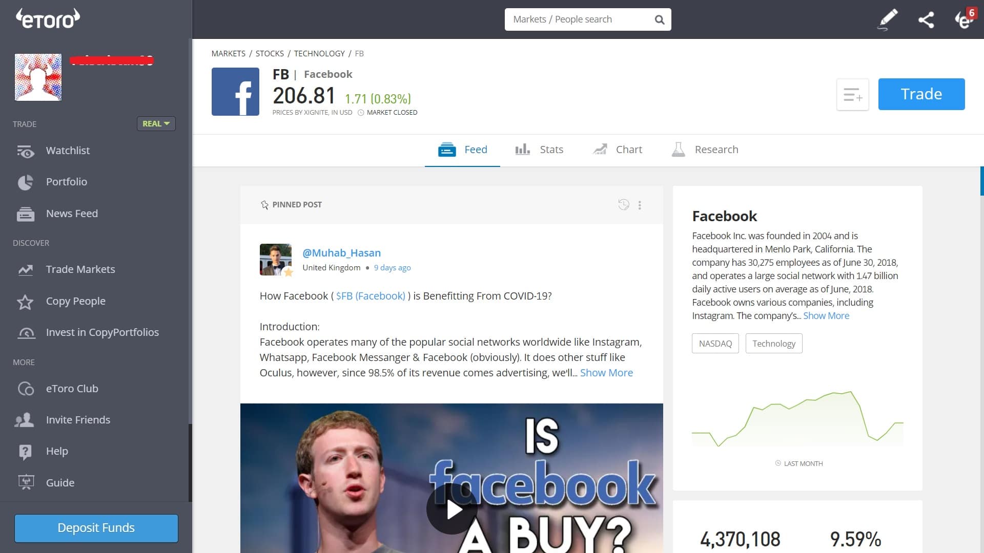 Facebook stock trading on eToro's platform