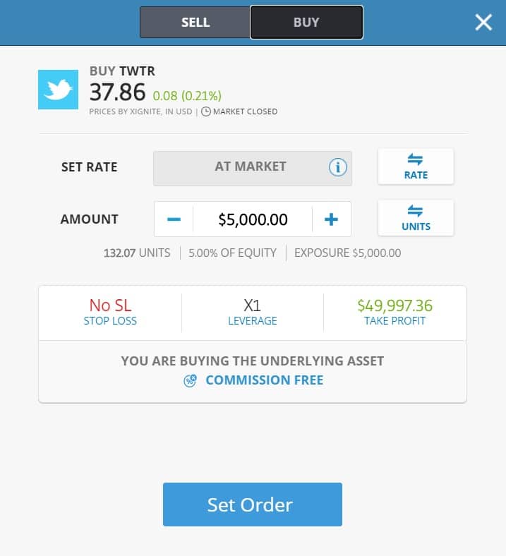 Buying Twitter stocks on eToro's platform