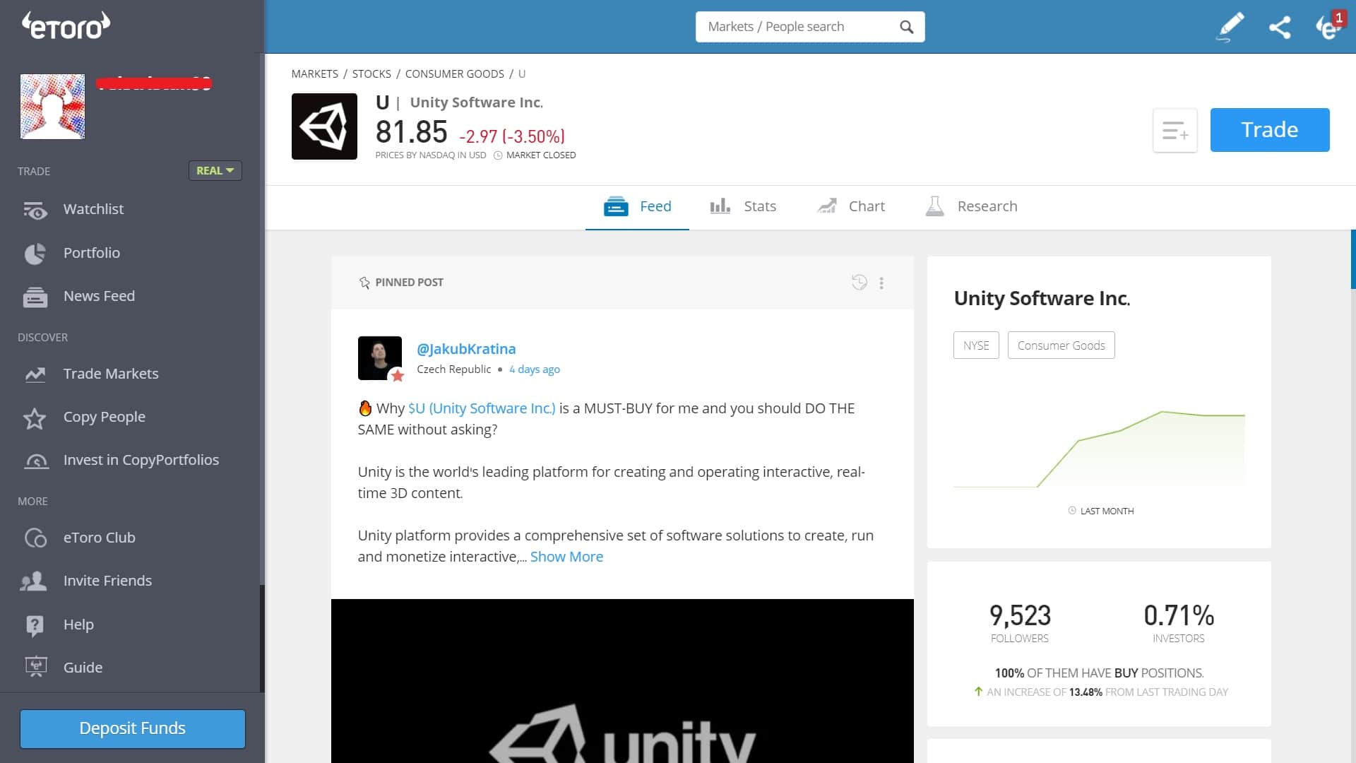 Unity Software stock trading on eToro's platform