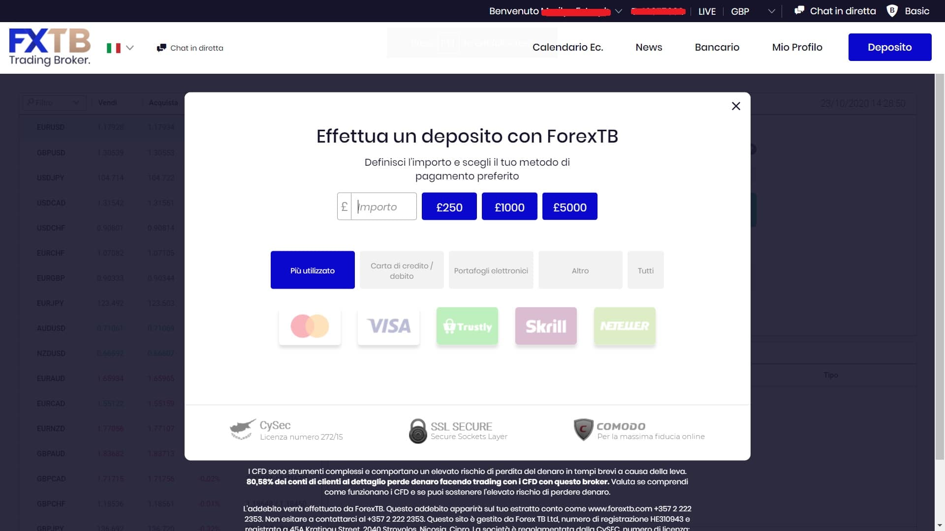 Metodi di deposito e prelievo di ForexTB
