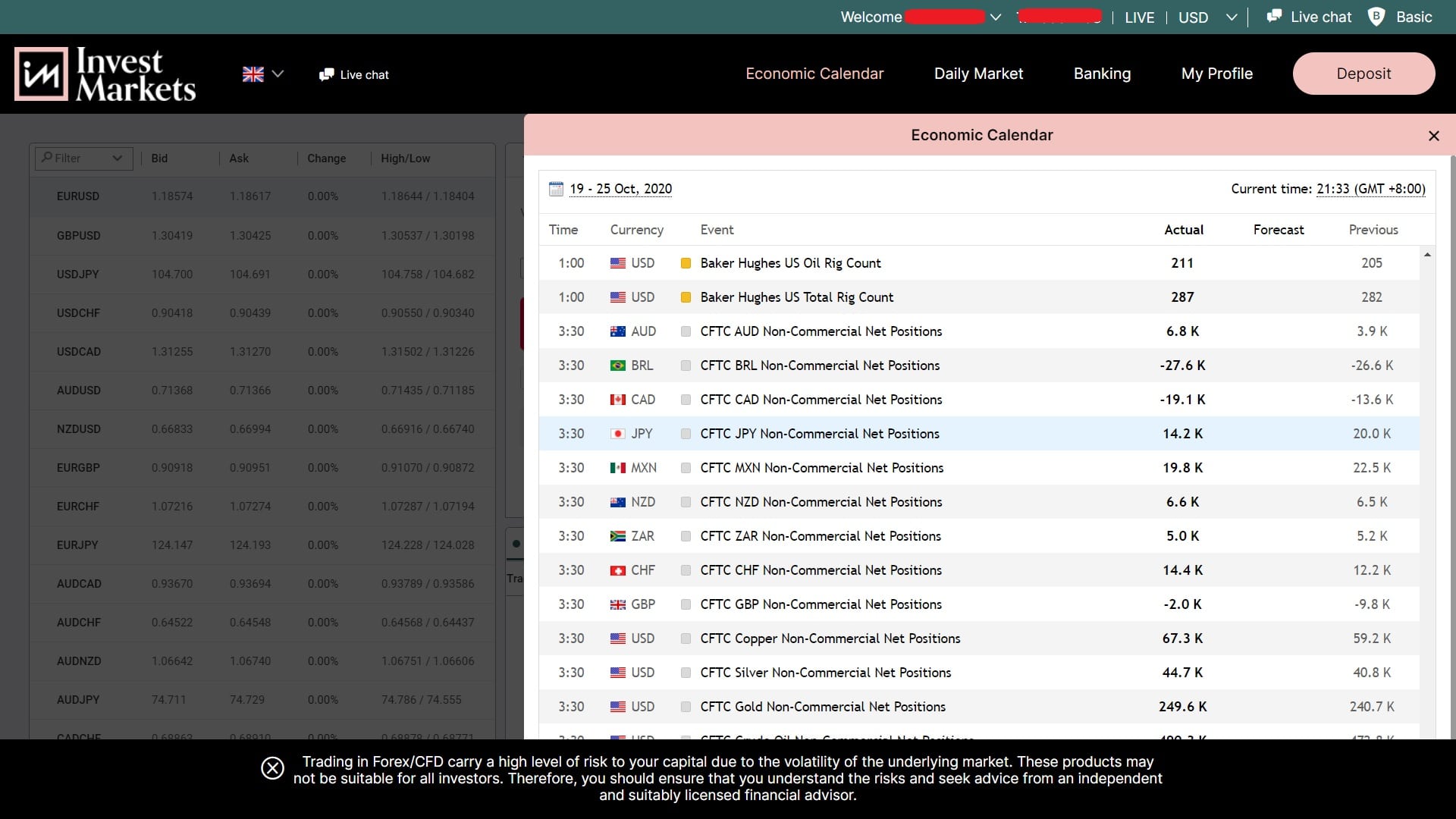 Integrated economic calendar on InvestMarkets' platform