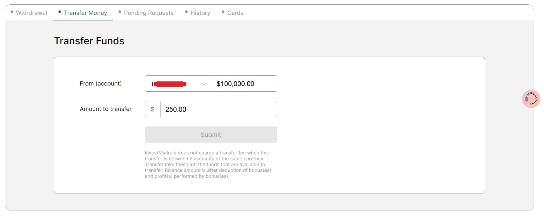 InvestMarkets Transfer Money tab