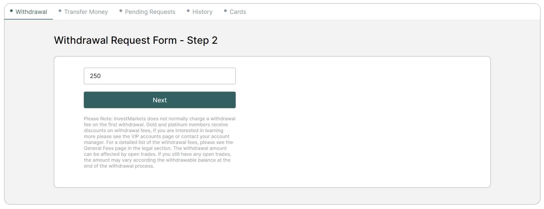 InvestMarkets Withdrawal tab