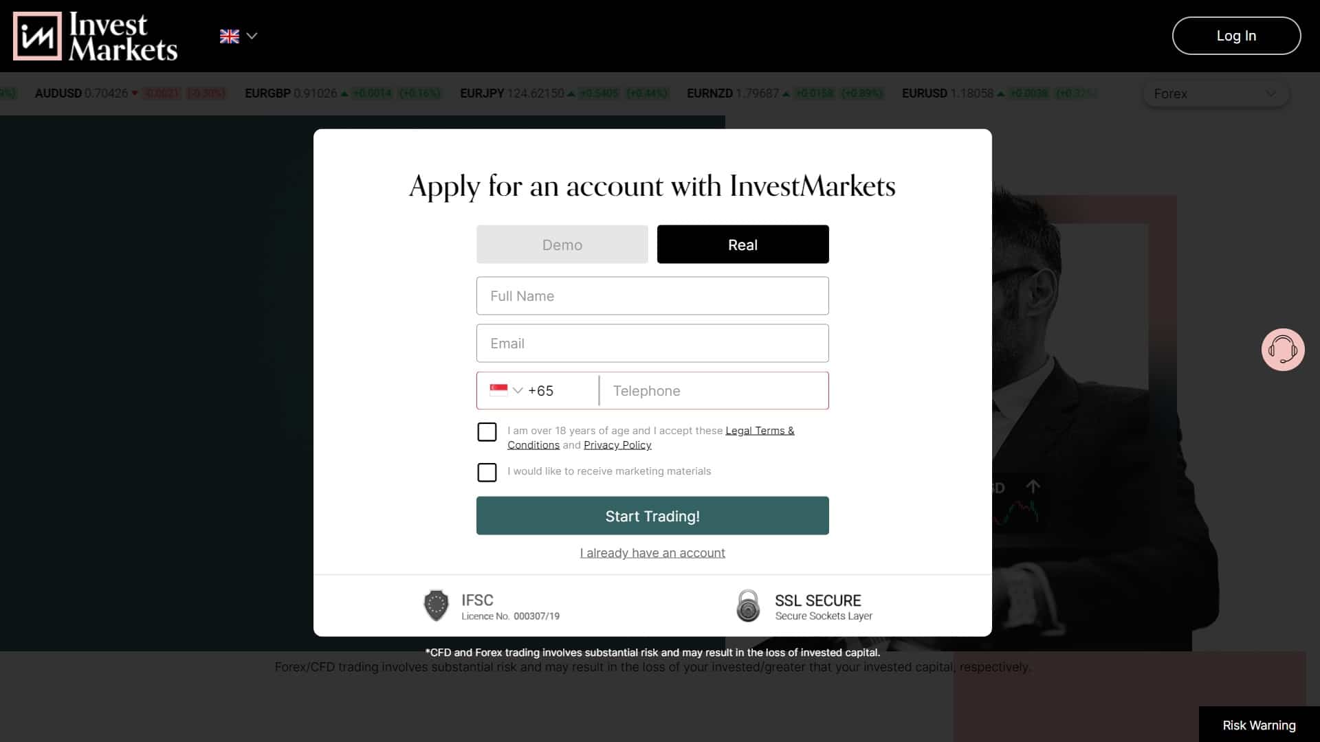 InvestMarkets registration page