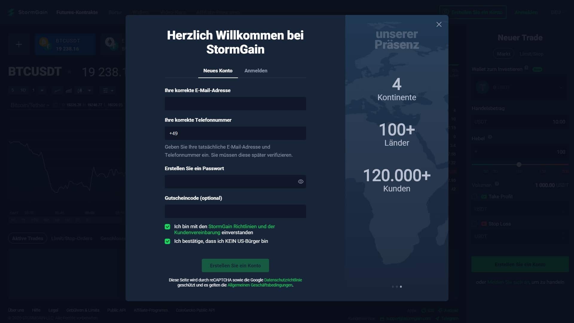Registrierungsseite von StormGain